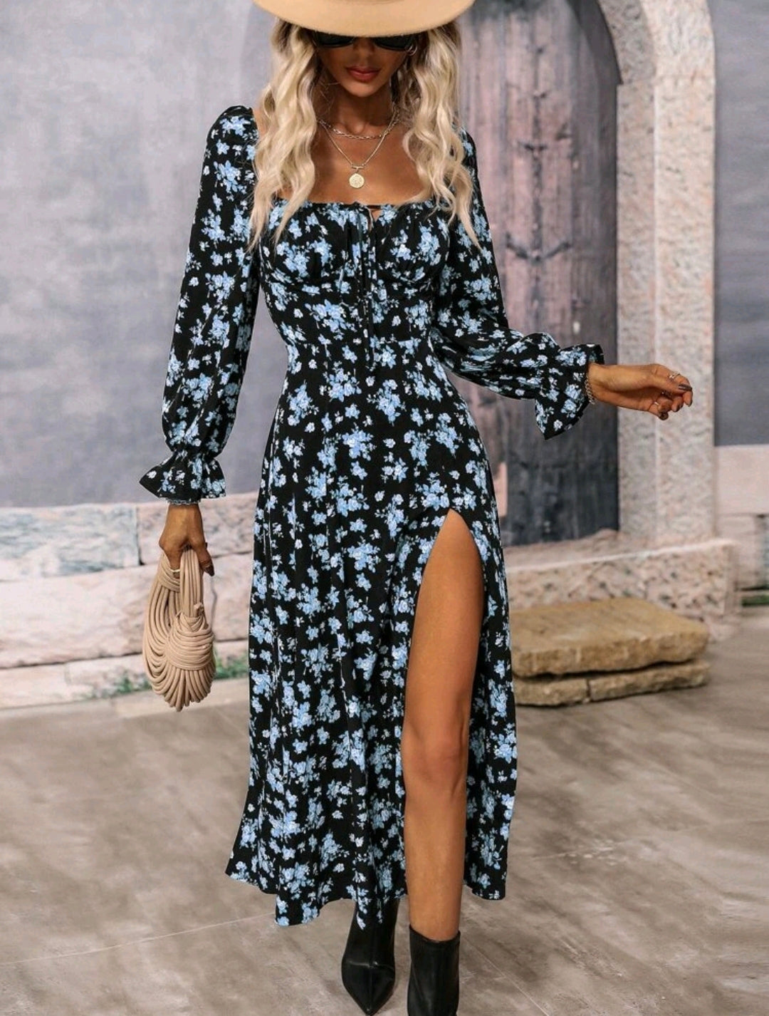 Blue Floral Print Square Neck Slit Dress