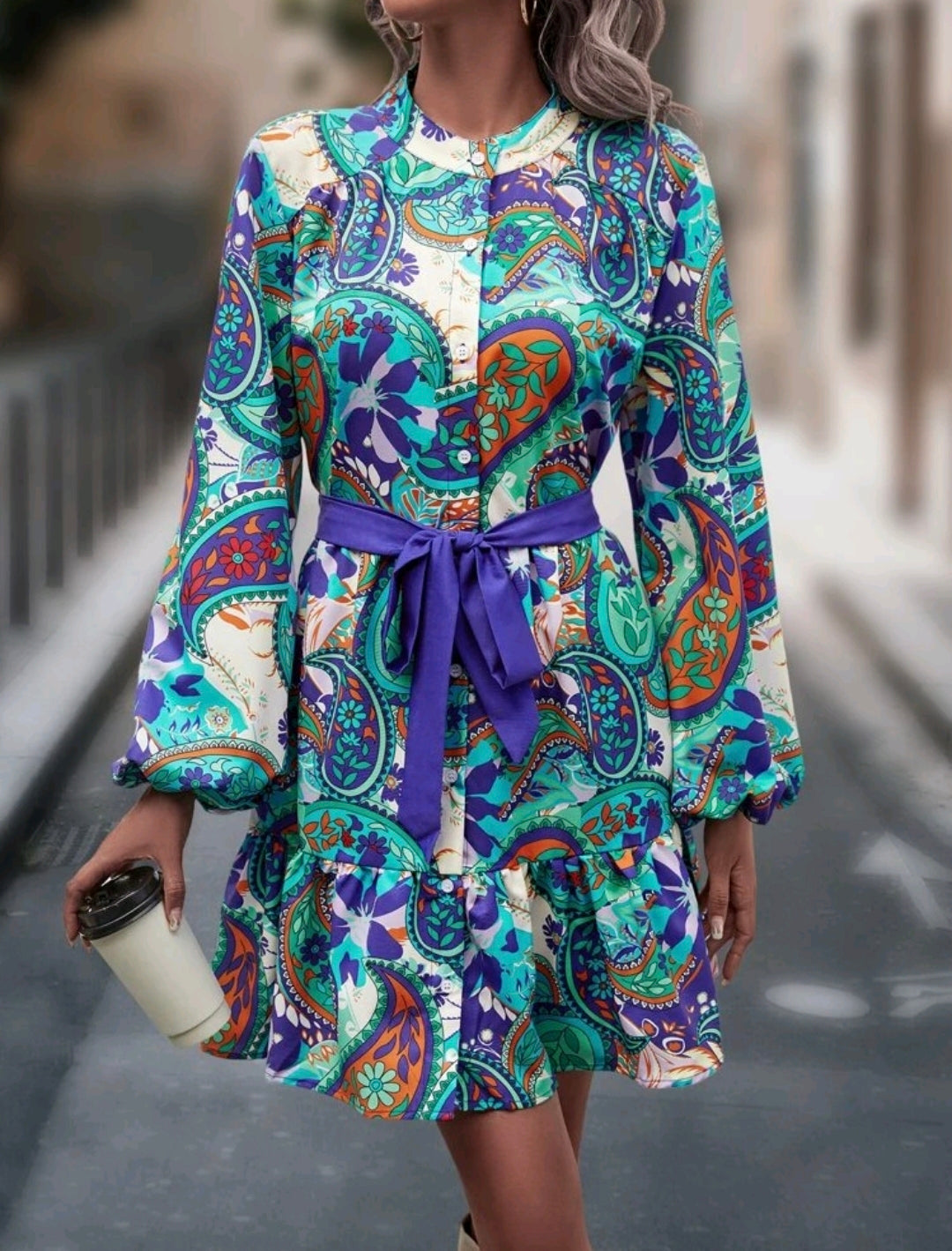 Paisley and Floral Lantern Sleeve Belted Dress