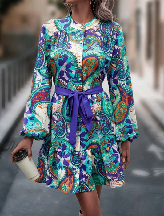 Paisley and Floral Lantern Sleeve Belted Dress
