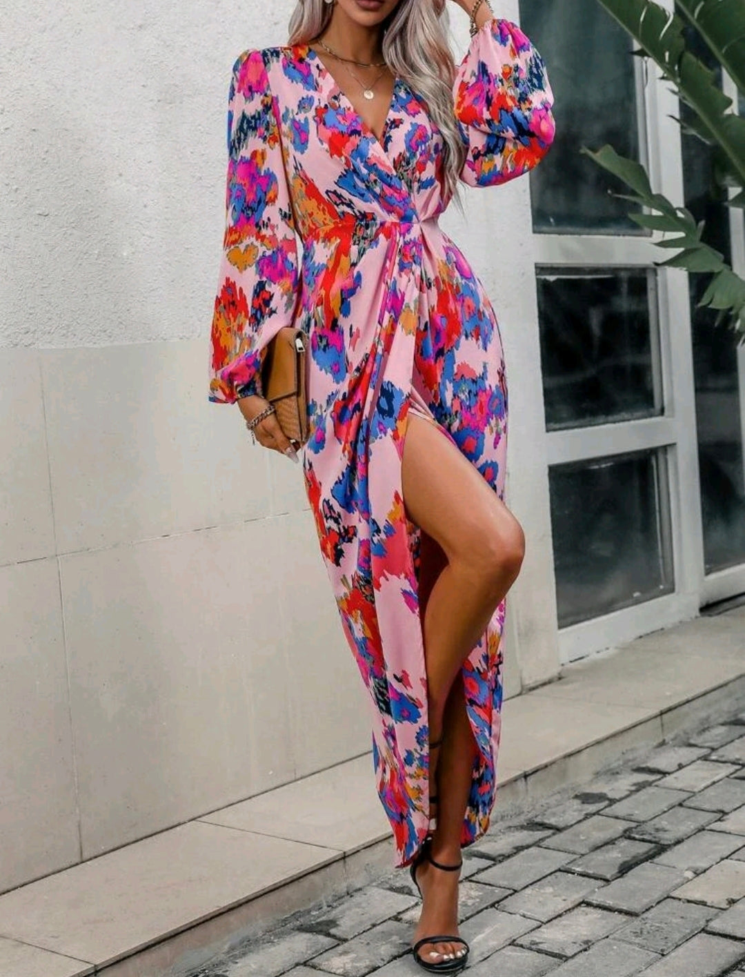 Pink Multicolour Lantern Sleeve Satin Wrap Hem Dress