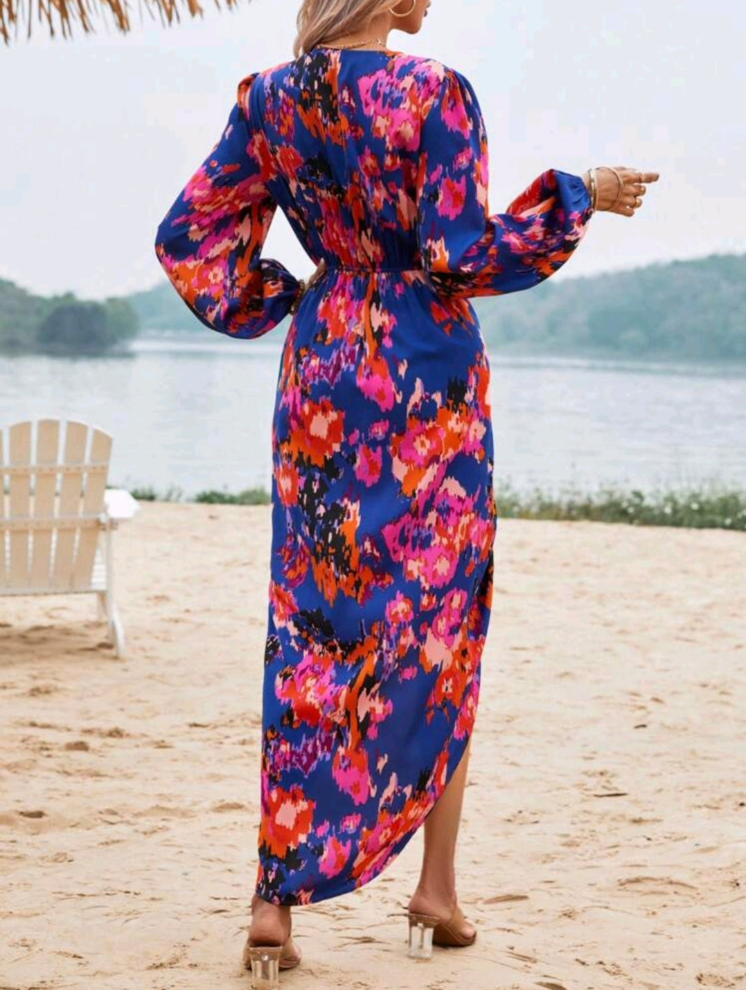 Blue Multicolour Lantern Sleeve Dress