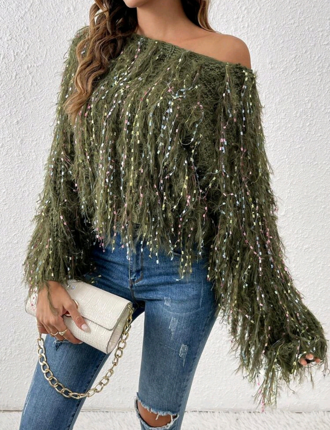 Olive Space Dye Fuzzy Trim Batwing Sweater