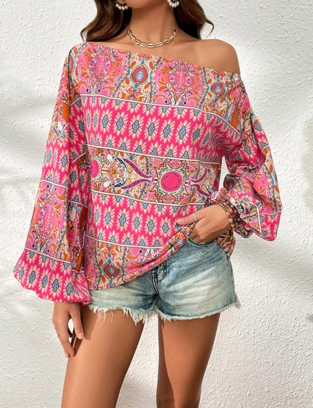 Pink Floral Print Asymmetric Lantern Sleeve Blouse