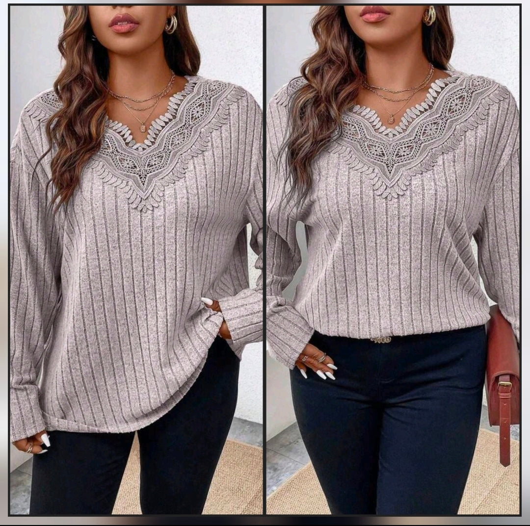 Pink Plus Size Lace Patchwork Drop Shoulder Top