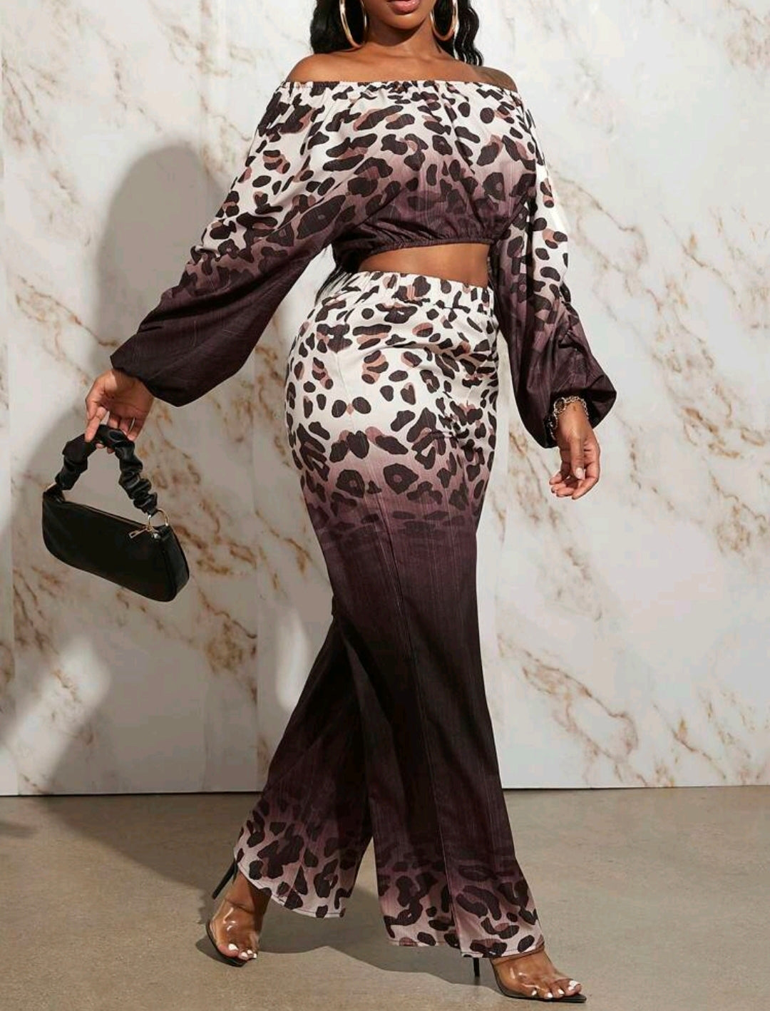 Leopard Print Off Shoulder Lantern Sleeve Set