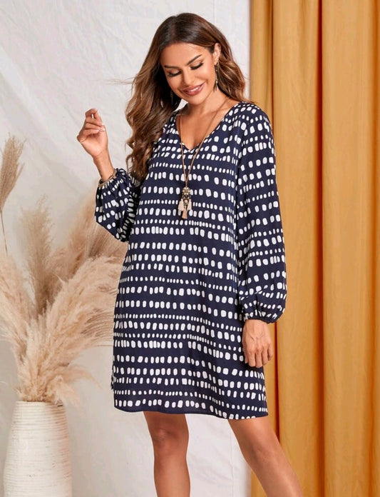 Allover Polka Print Lantern Sleeve Dress