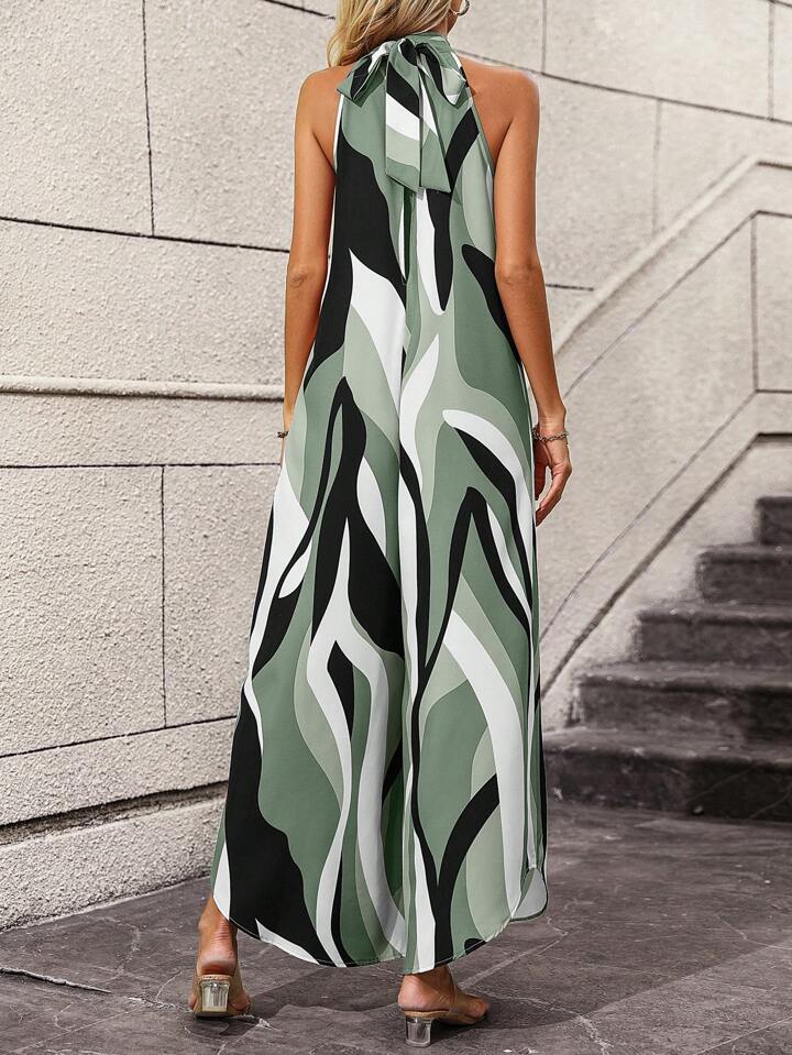 Abstract Wide Leg Halter Neck Jumpsuit