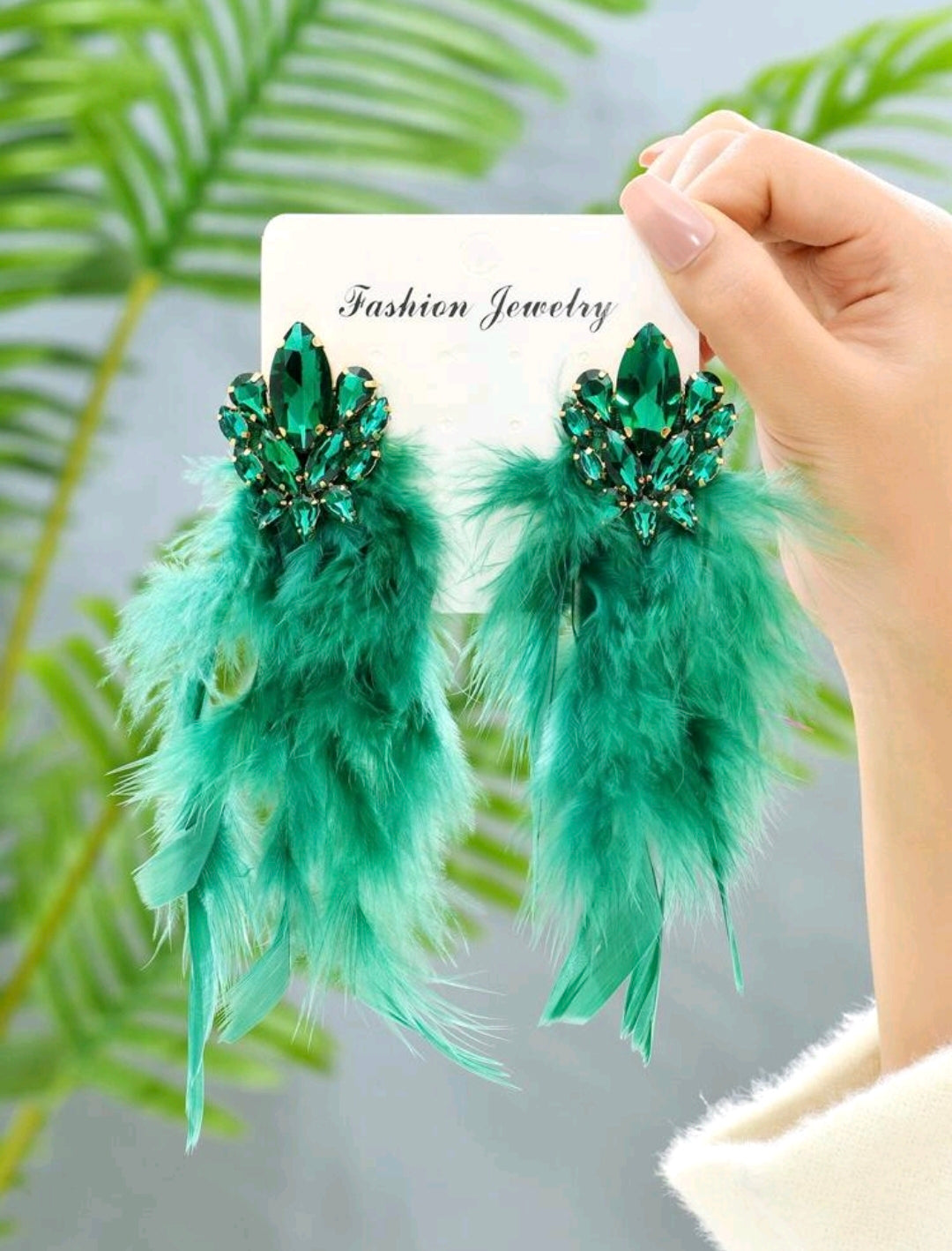 Green Feather and Rhinestone Lux Earrings