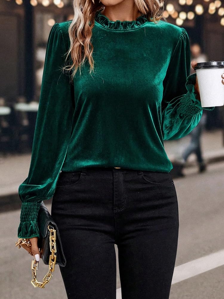 Green Velvet High Neck Frill Trim Blouse