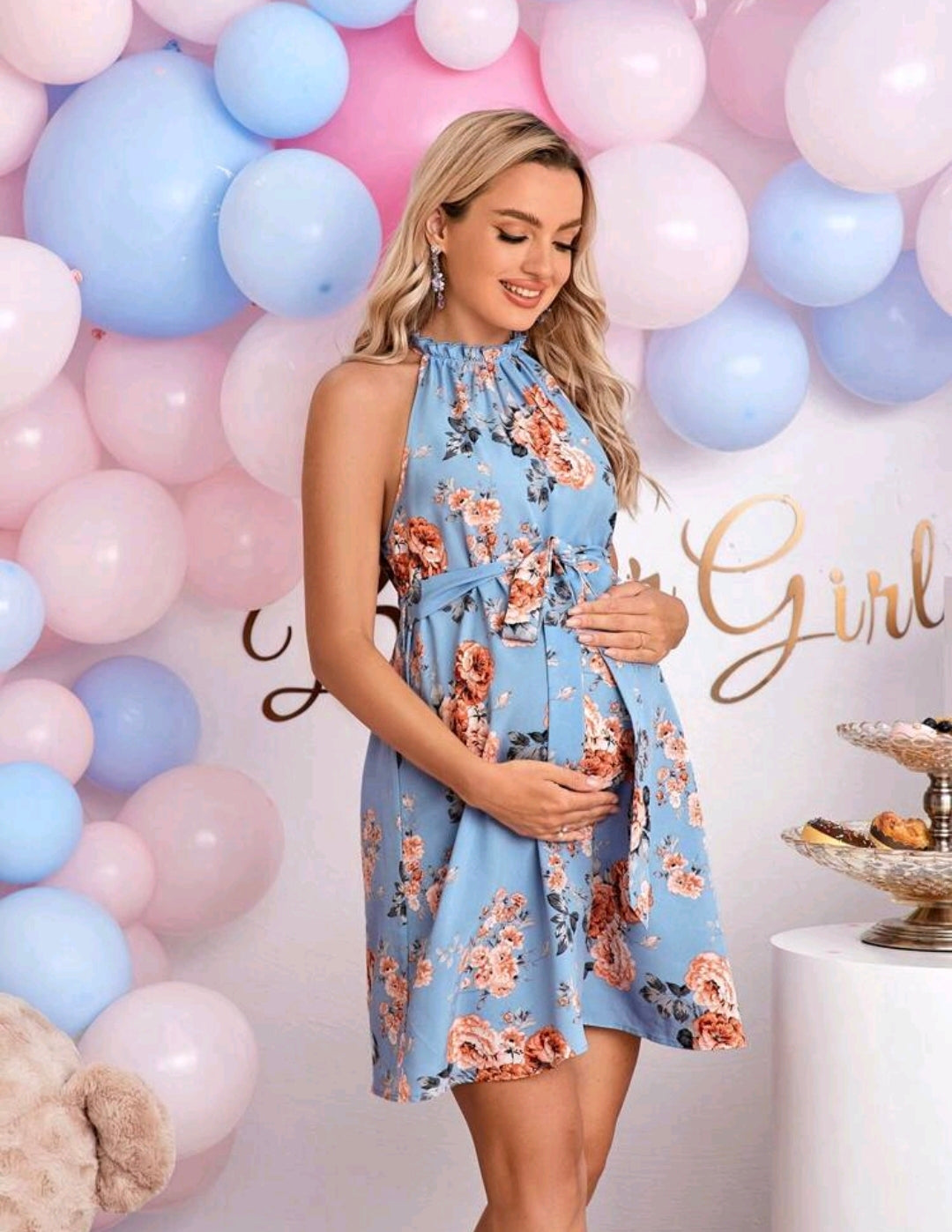 Blue Floral Print Belted Halter Dress