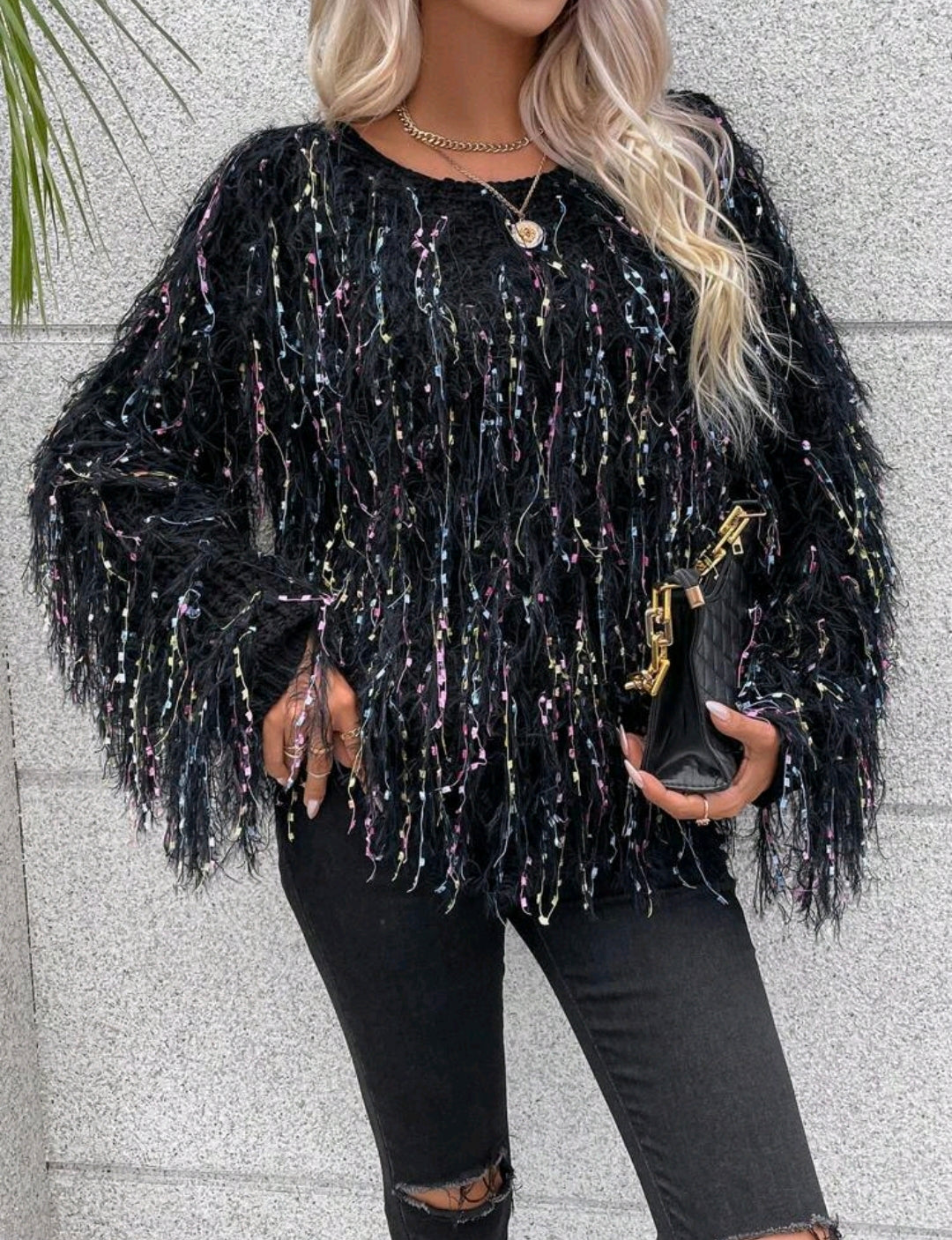 Black Space Dye Fuzzy Trim Batwing Sweater
