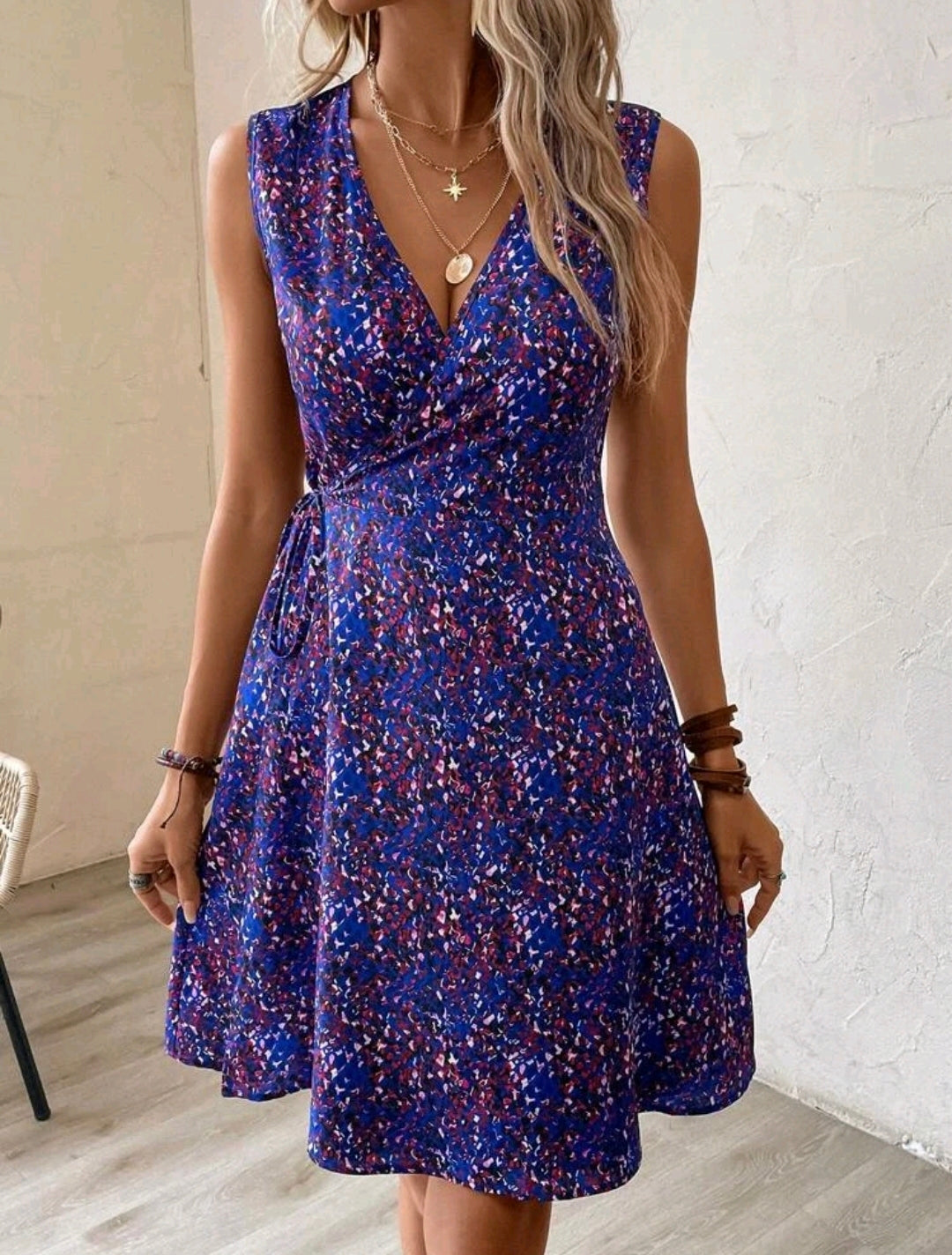 Blue Multicolour V Neck Dress