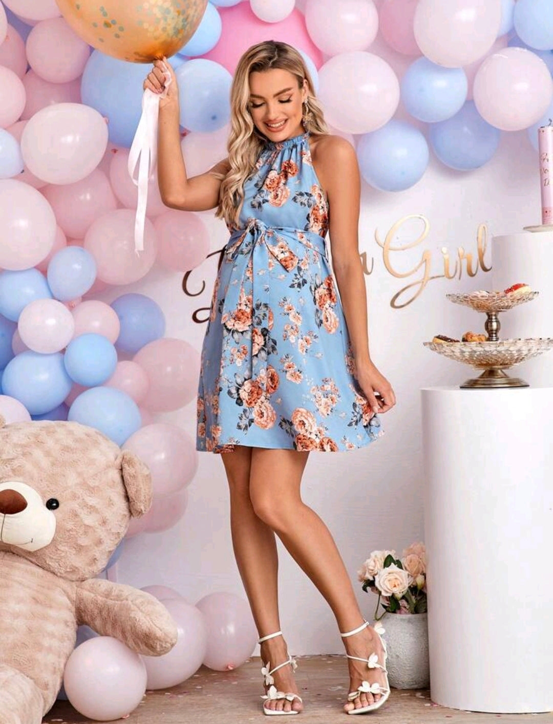 Blue Floral Print Belted Halter Dress