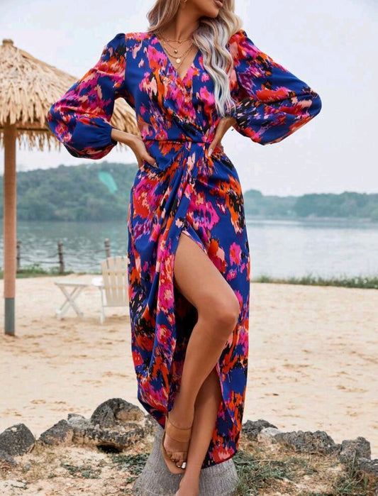 Blue Multicolour Lantern Sleeve Dress