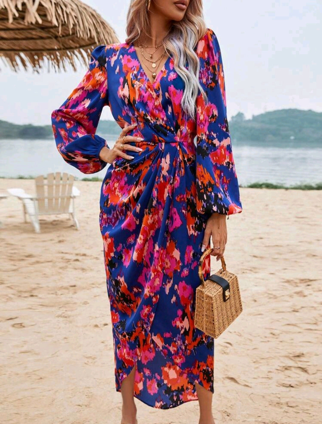 Blue Multicolour Lantern Sleeve Dress