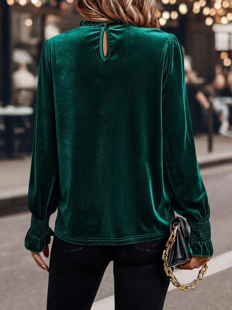 Green Velvet High Neck Frill Trim Blouse