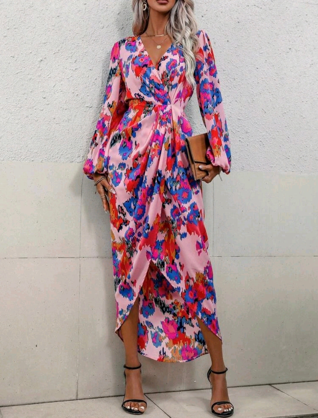 Pink Multicolour Lantern Sleeve Satin Wrap Hem Dress