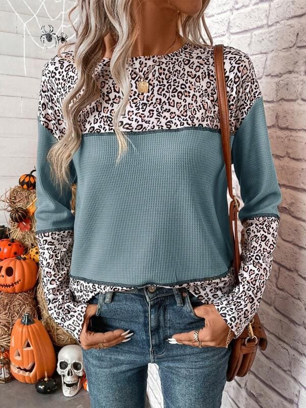 Dusty Blue Leopard Print Drop Shoulder Colourblock Top