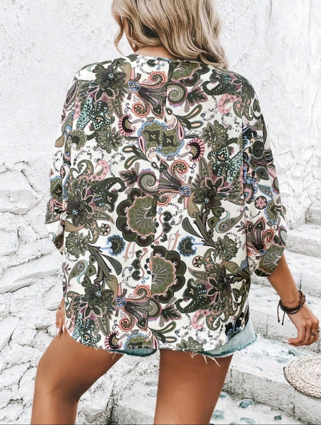 Plus Size Paisley Print Batwing Sleeve Blouse