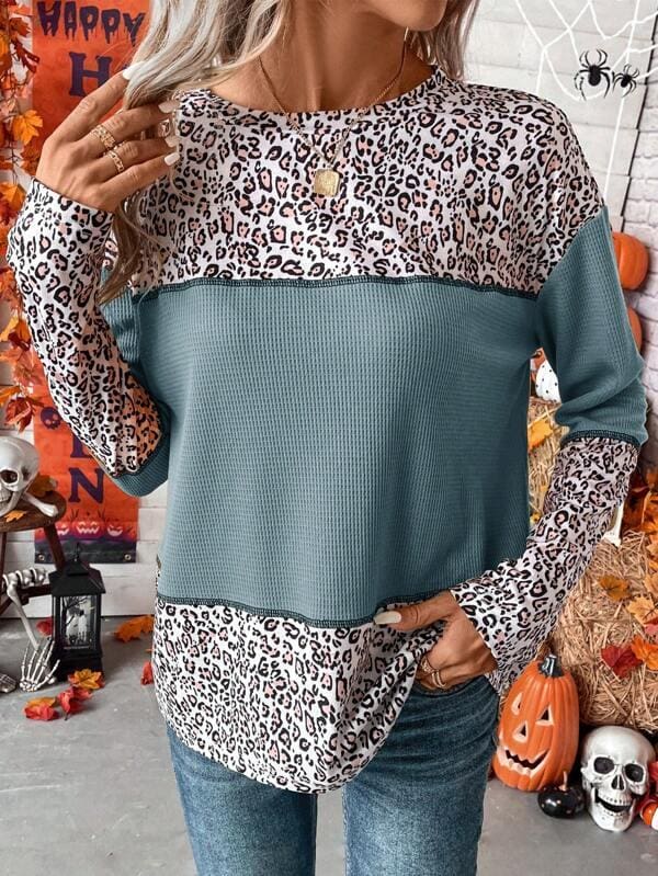 Dusty Blue Leopard Print Drop Shoulder Colourblock Top