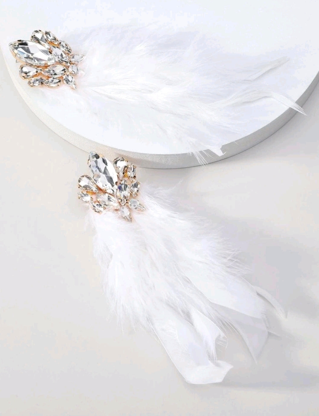 White Feather and Rhinestone Lux Earrings