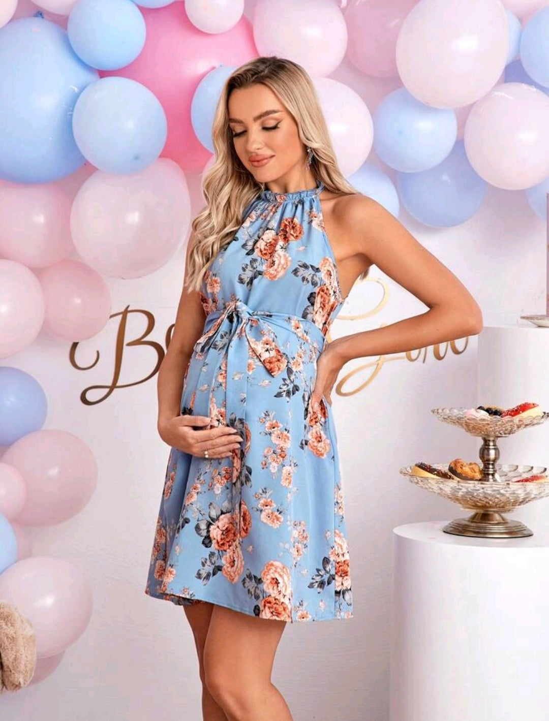 Blue Floral Print Belted Halter Dress