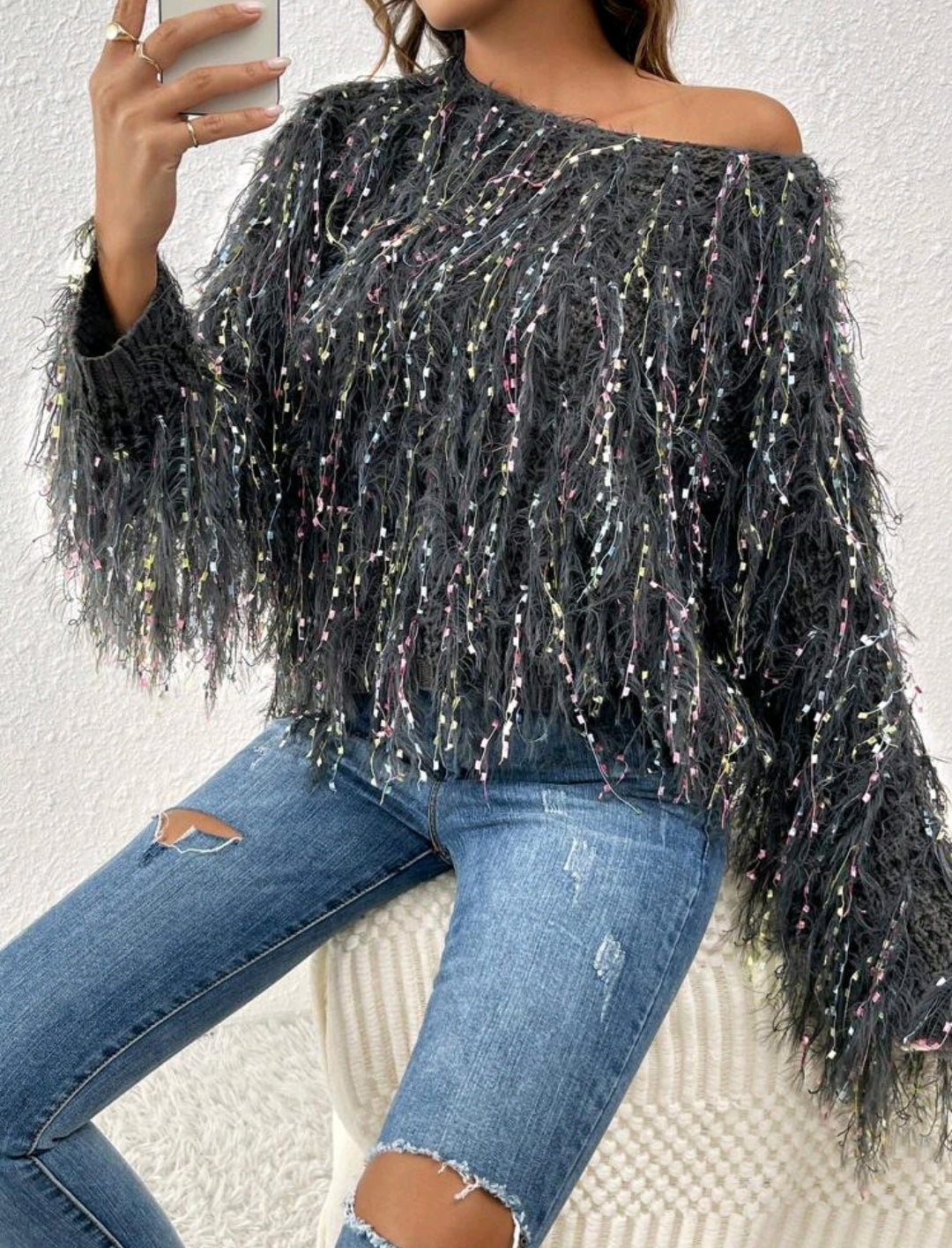 Grey Multicolour Space Dye Fuzzy Trim Batwing Sweater