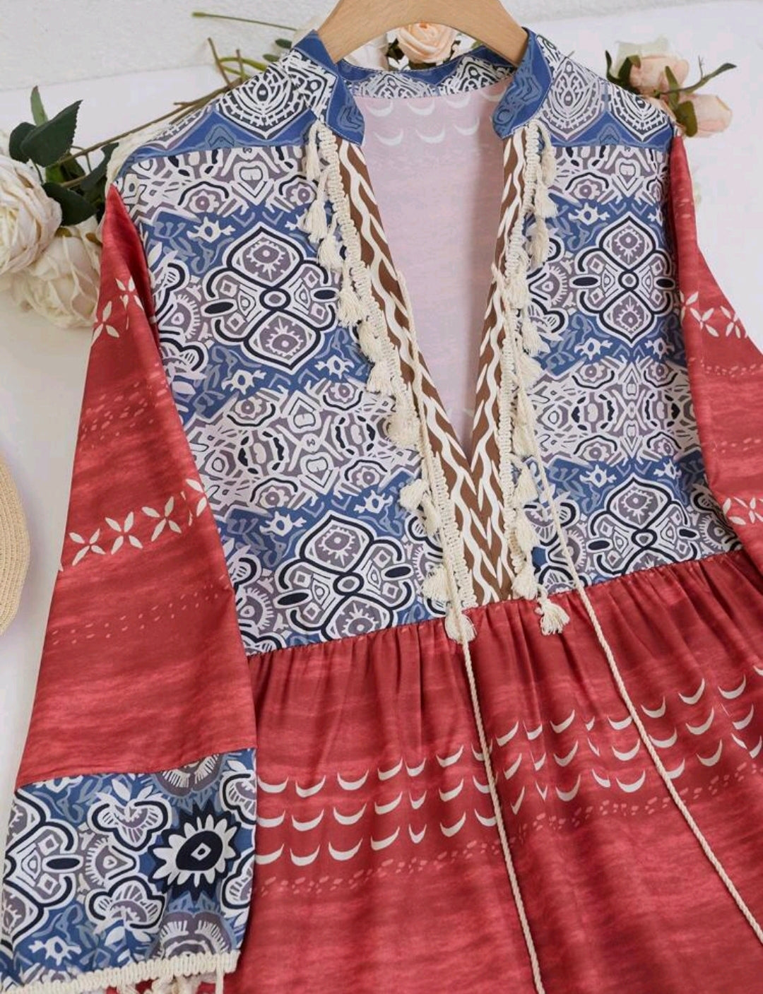 Boho Tassel Floral Print Patchwork Dress