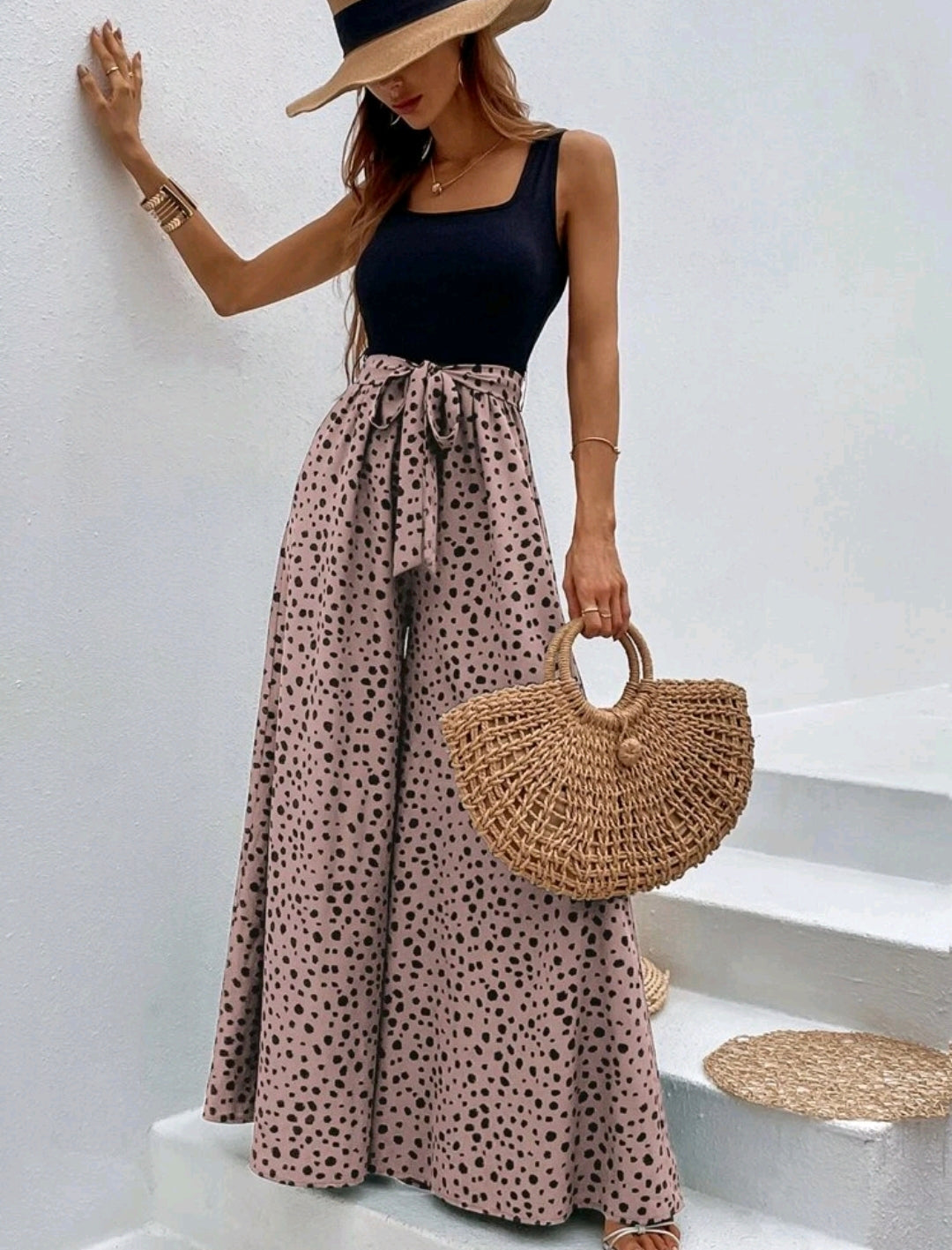 Polka Print Leopard Print Wide Leg Jumpsuit