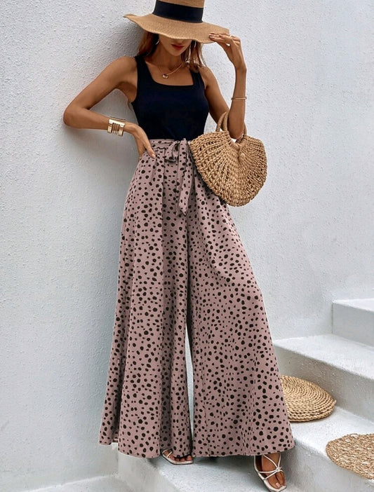 Polka Print Leopard Print Wide Leg Jumpsuit