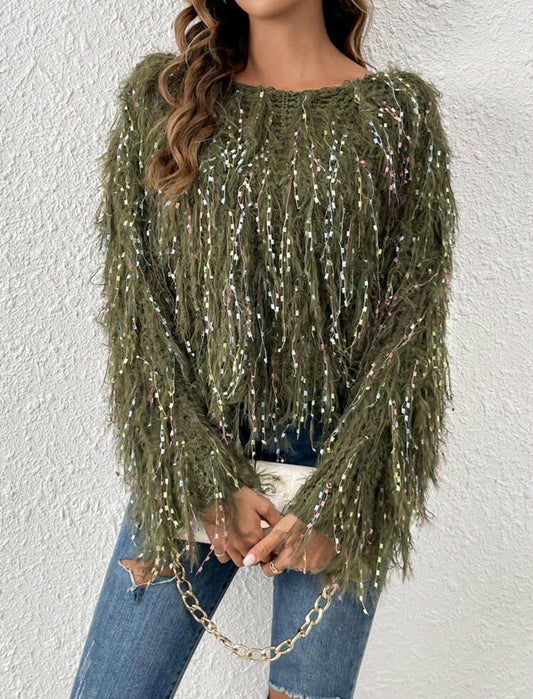 Olive Space Dye Fuzzy Trim Batwing Sweater