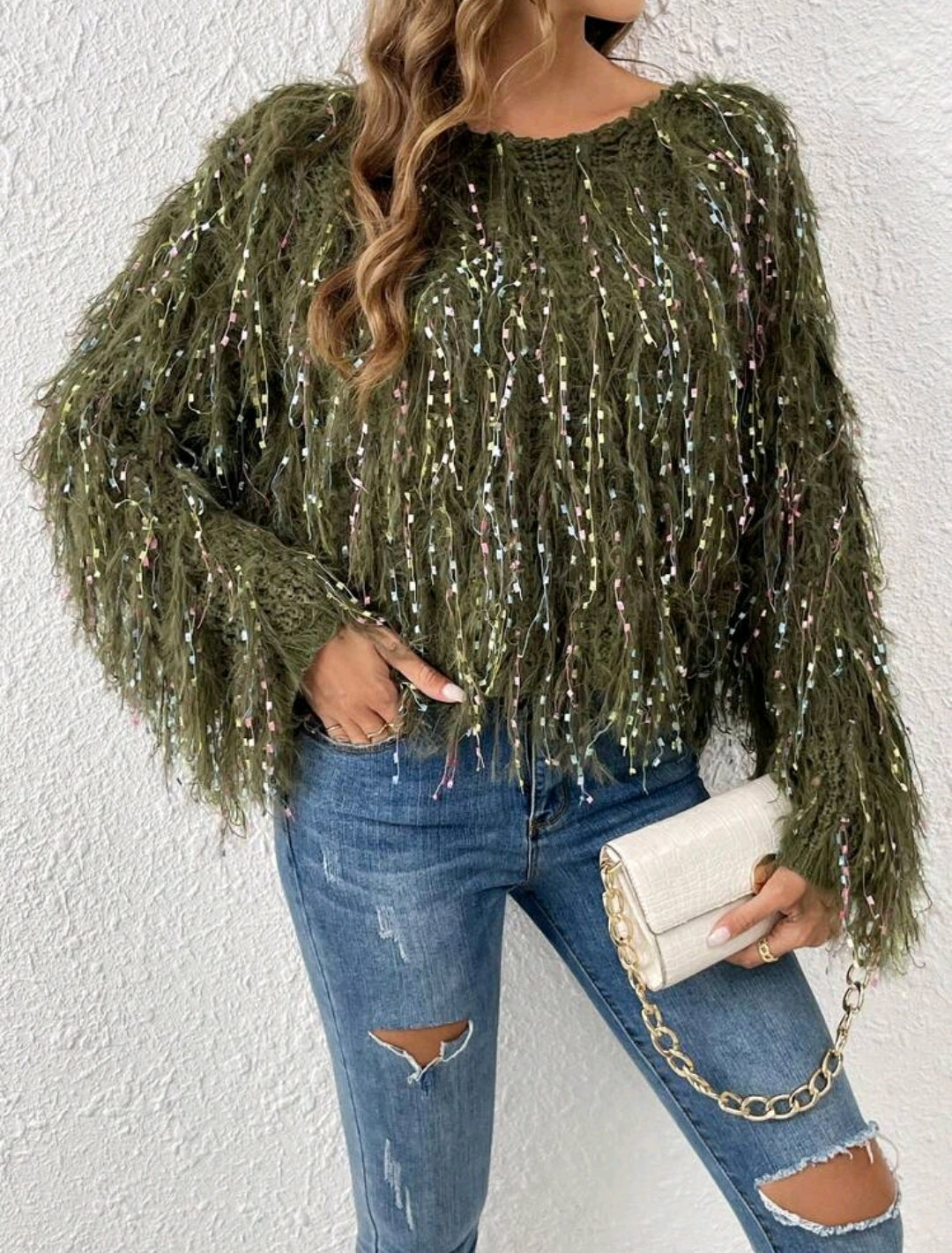 Olive Space Dye Fuzzy Trim Batwing Sweater
