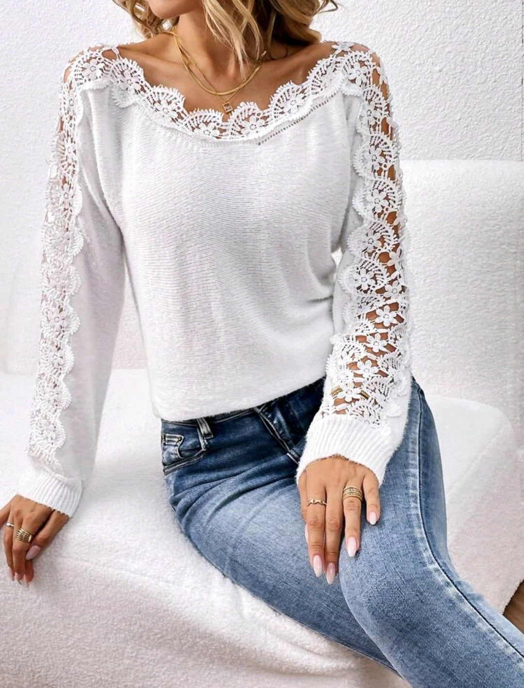 White Guipure Lace Trim Sweater