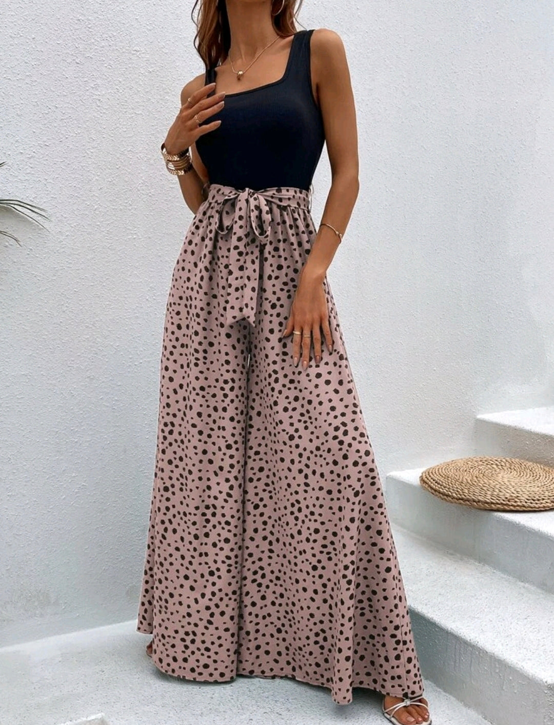 Polka Print Leopard Print Wide Leg Jumpsuit