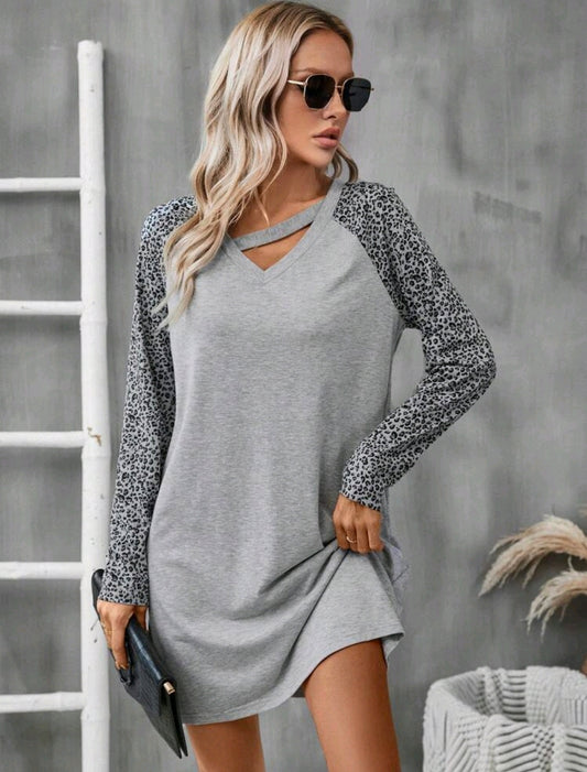 Casual Gray Leopard Print Long Sleeve Dress