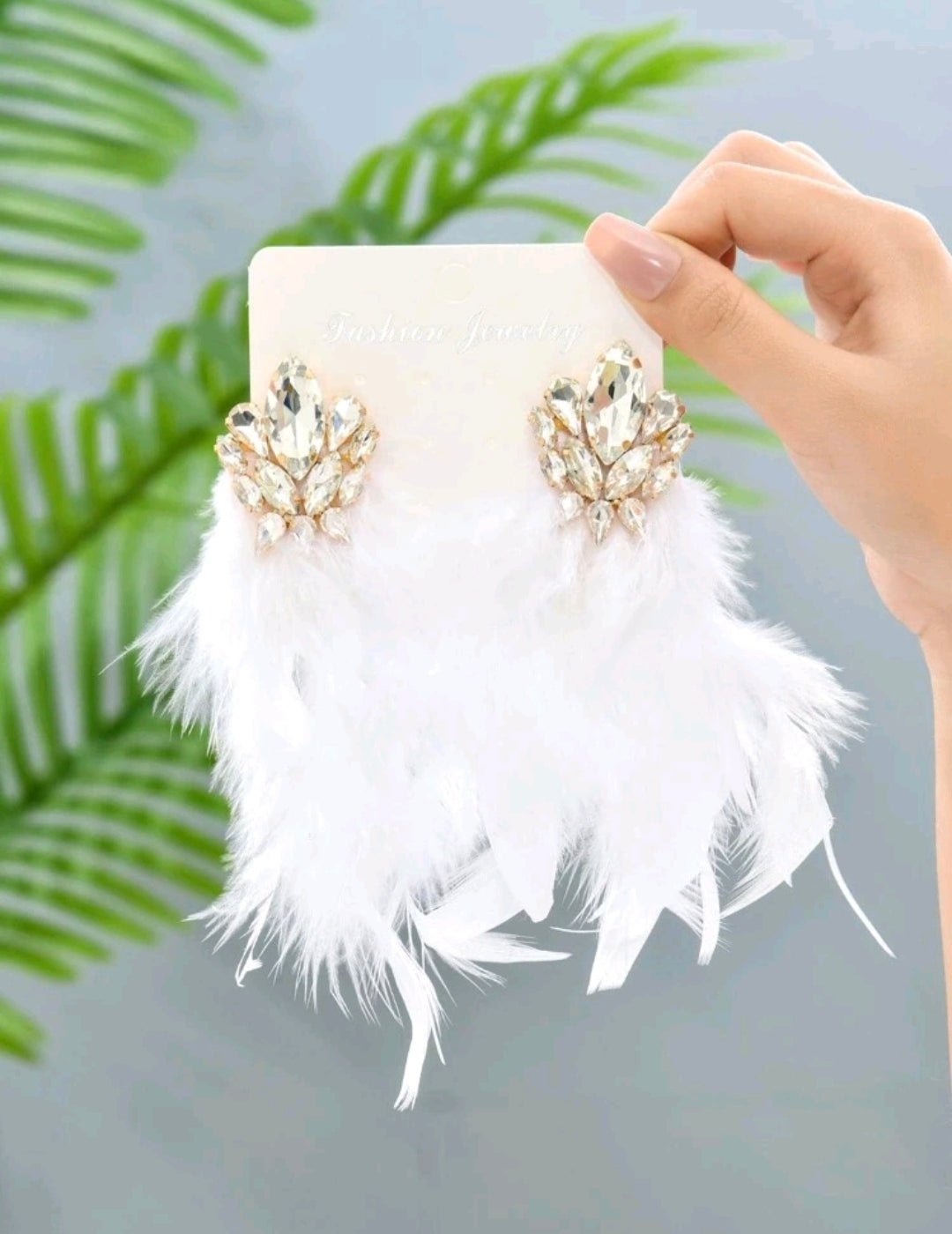 White Feather and Rhinestone Lux Earrings