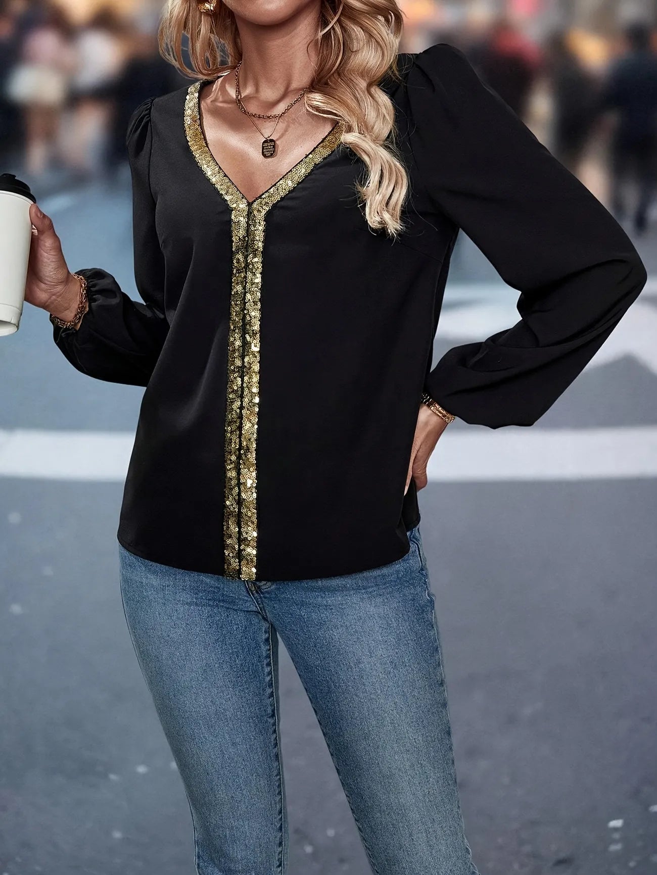 V Neck Glitter Trim Blouse
