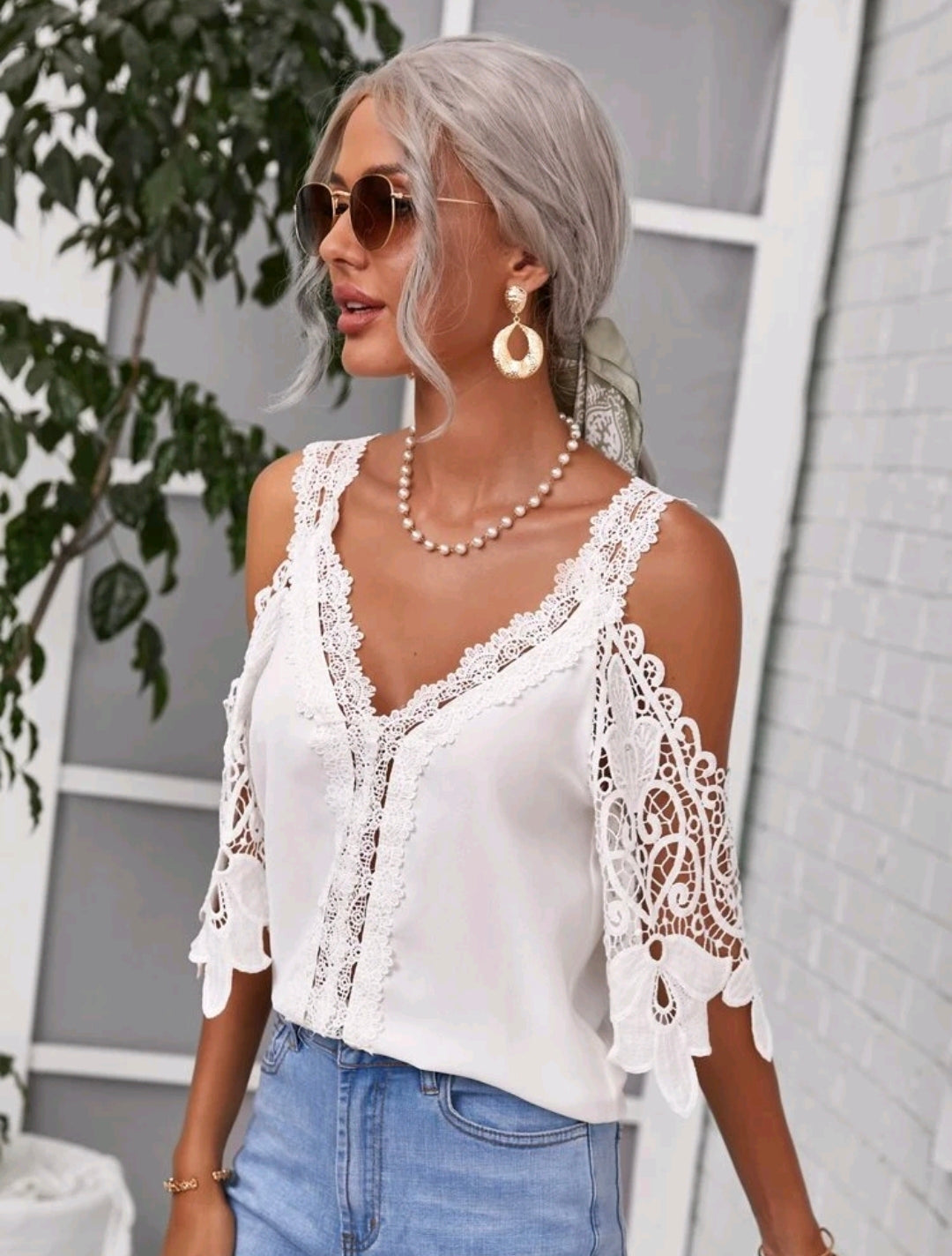 Cold Shoulder Lace Sleeve Blouse