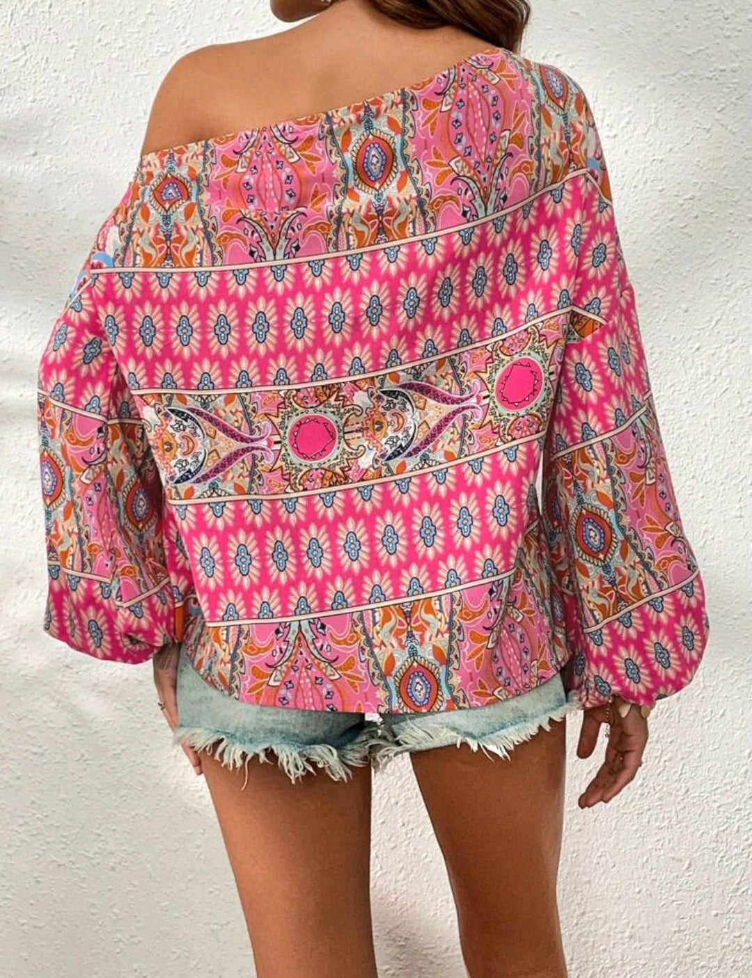 Pink Floral Print Asymmetric Lantern Sleeve Blouse