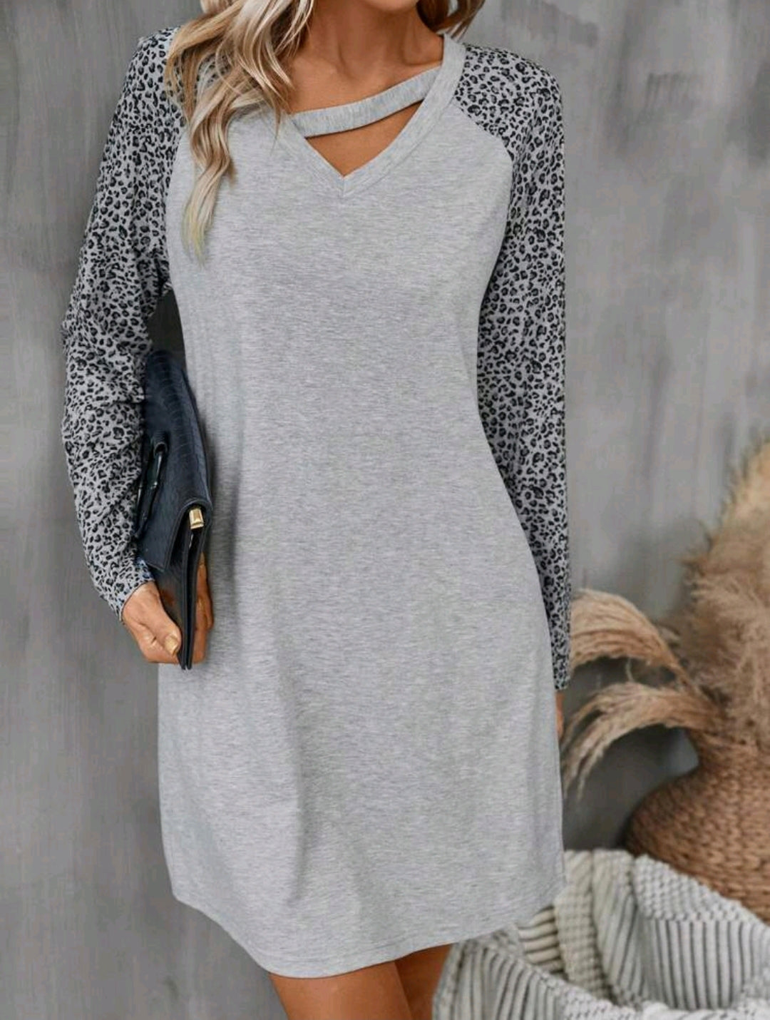 Casual Gray Leopard Print Long Sleeve Dress