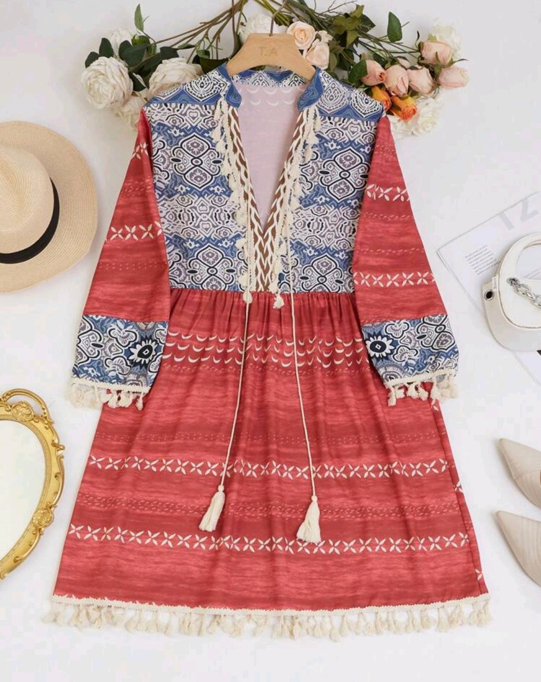 Boho Tassel Floral Print Patchwork Dress