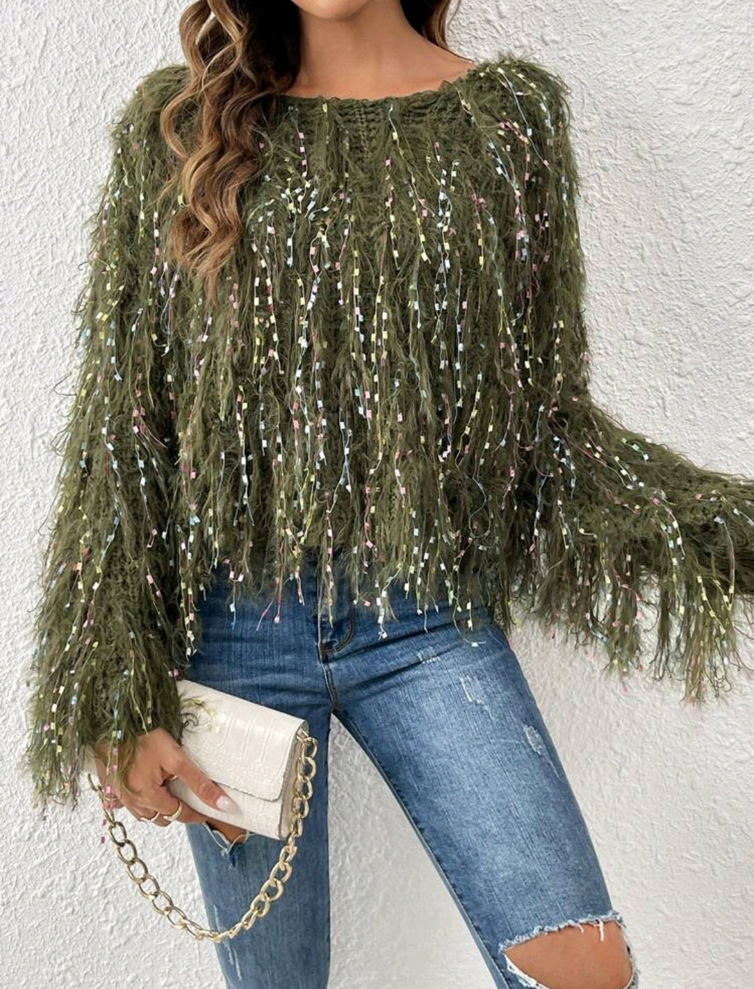 Olive Space Dye Fuzzy Trim Batwing Sweater