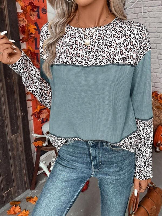 Dusty Blue Leopard Print Drop Shoulder Colourblock Top