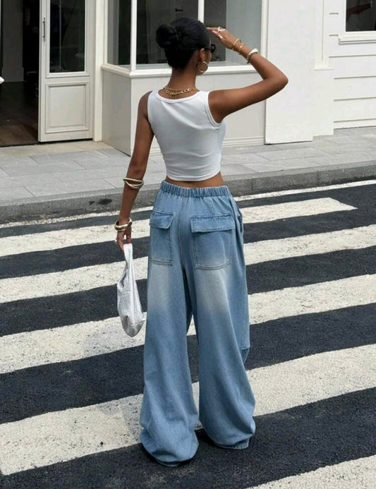 Buckle Waist Belt Pleated Wide Leg Loose Denim Pants