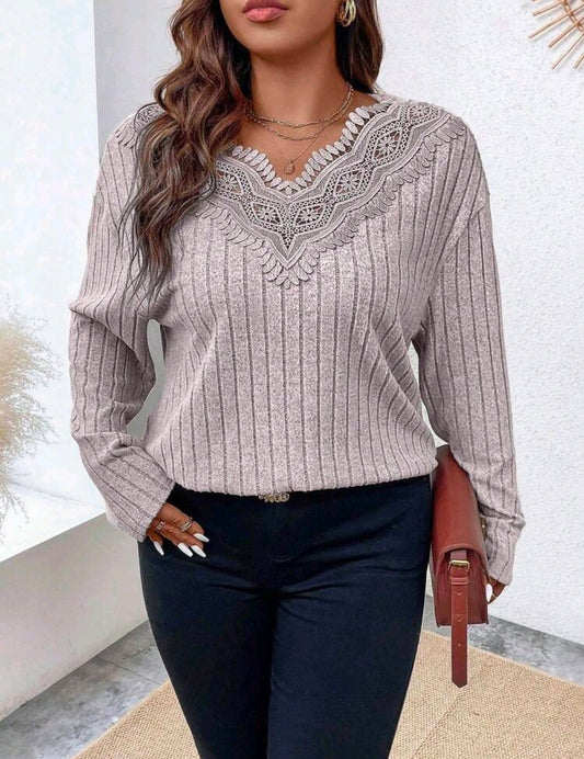 Pink Plus Size Lace Patchwork Drop Shoulder Top
