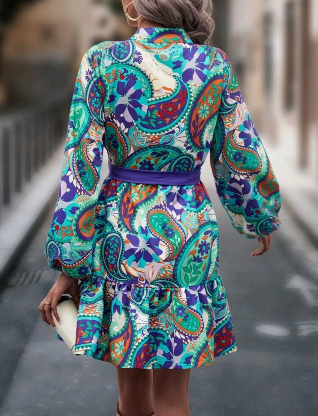 Paisley and Floral Lantern Sleeve Belted Dress