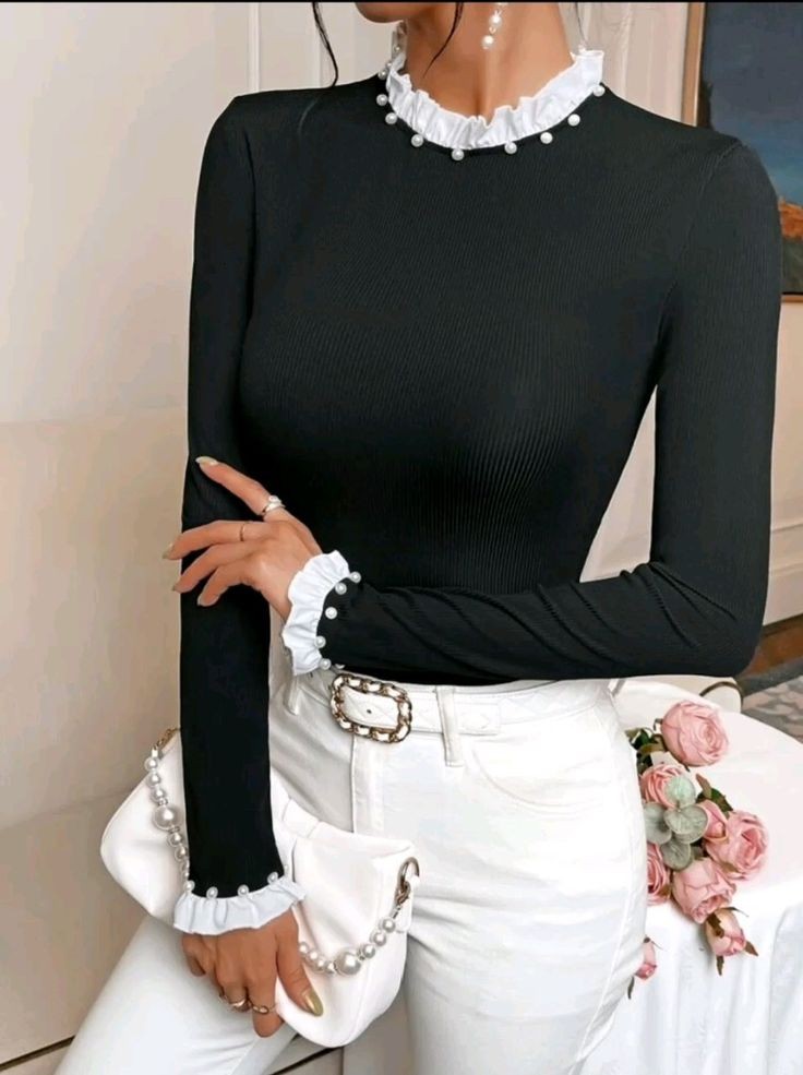 French Contrast Pearl Trim Long Sleeve Ribbed Top