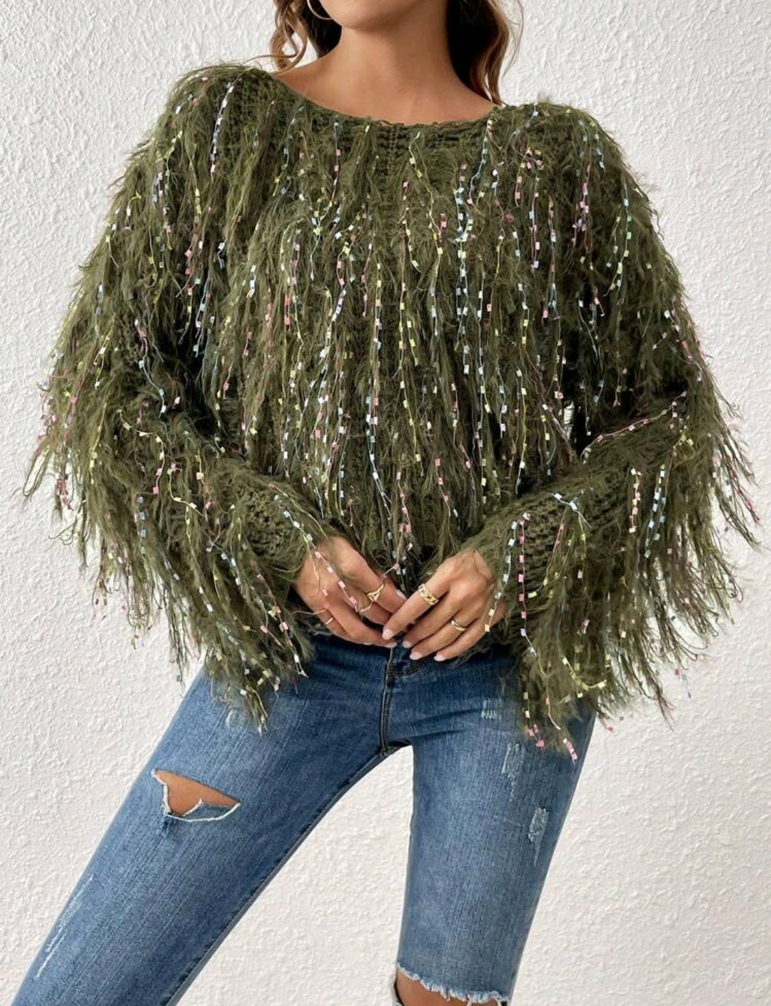 Olive Space Dye Fuzzy Trim Batwing Sweater