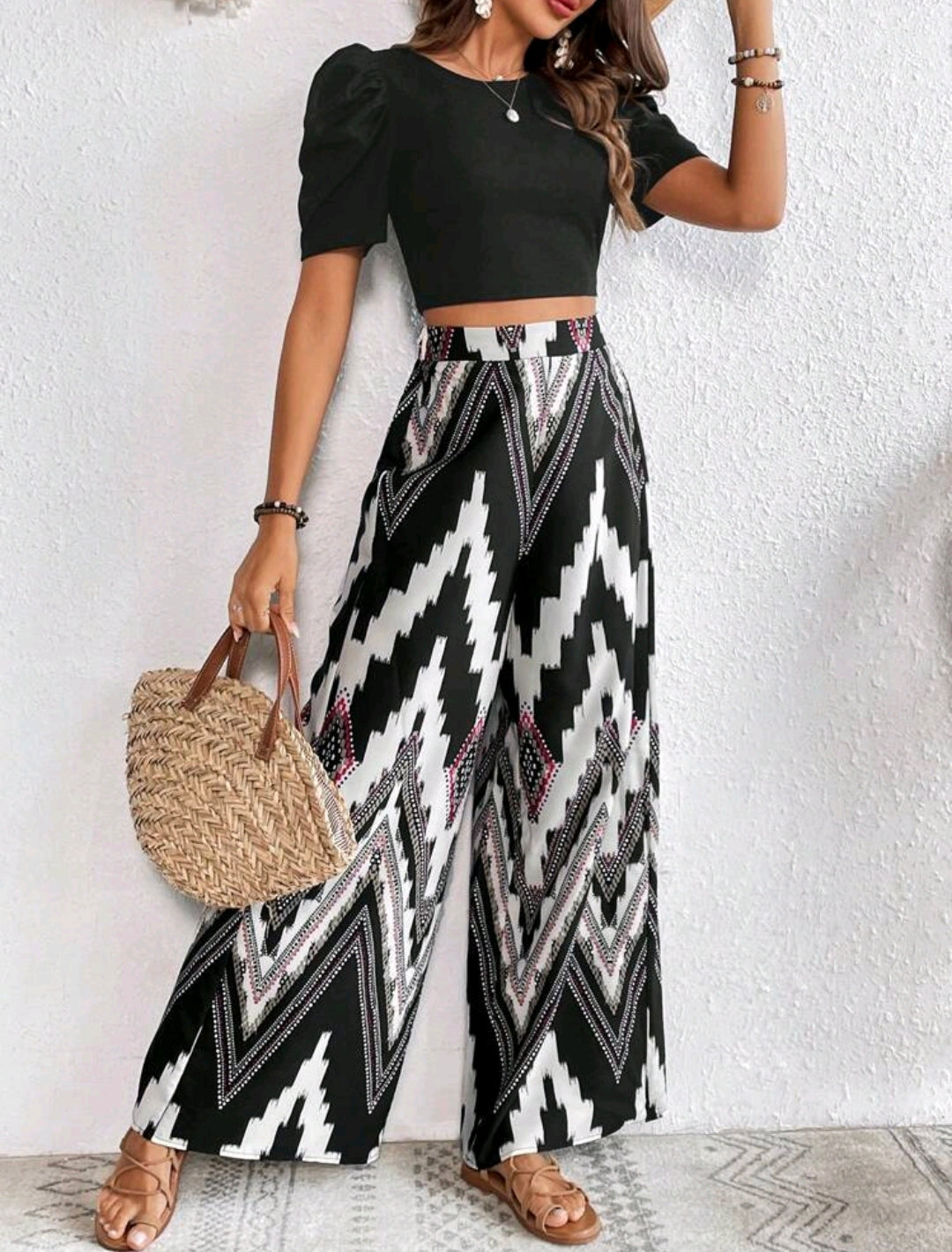Puff Sleeve Crop Tee & Chevron Wide Leg Set