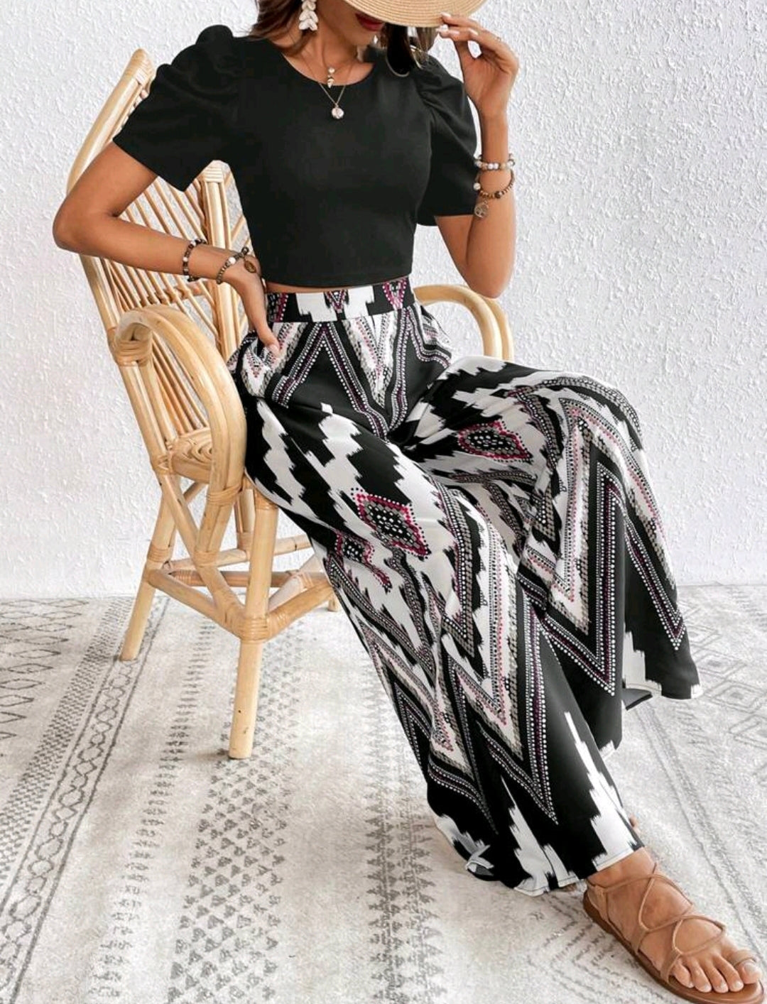 Puff Sleeve Crop Tee & Chevron Wide Leg Set